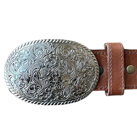 Nocona Silver Floral Buckle Leather Belt Western Brown Size 36 Men 2452815